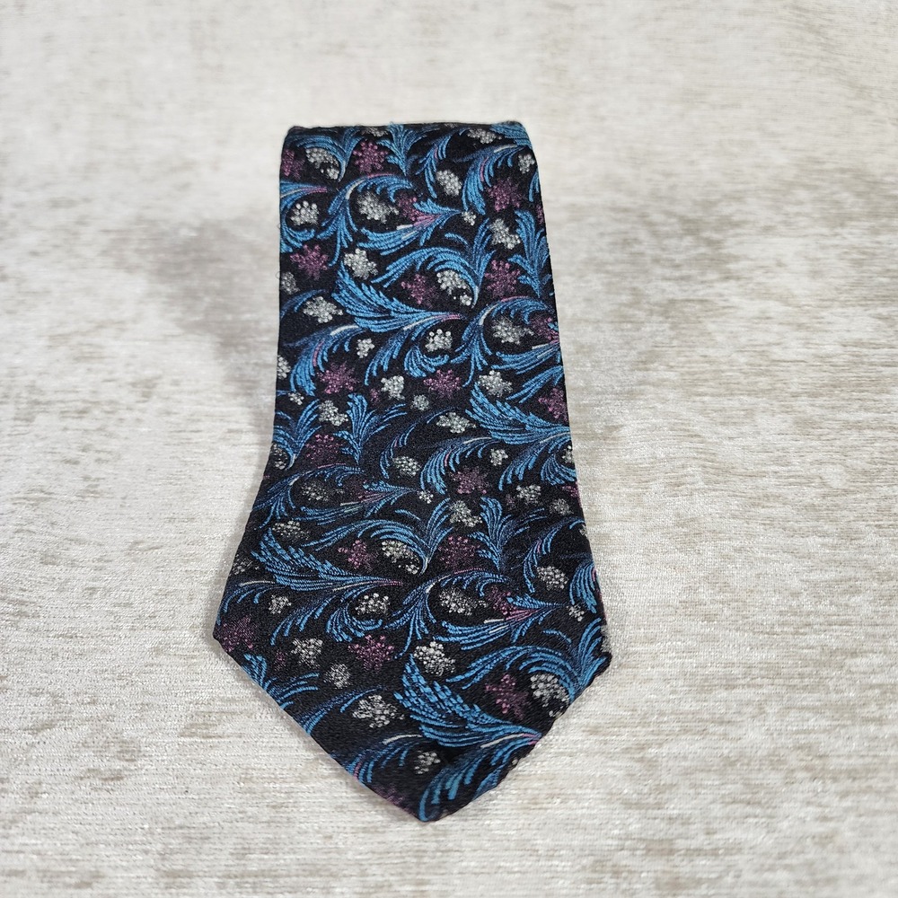 Vintage Je Suis Silk Tie Black Dark Blue Purple Floral Feather Pattern